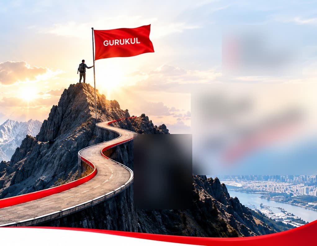 A climber plants a Gurukul flag at a mountain summit, a red road winding down through the peaks to a city skyline below — symbolizing the journey from learning to real opportunity.