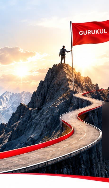 A climber plants a Gurukul flag at a mountain summit, with a red road winding down through the peaks.